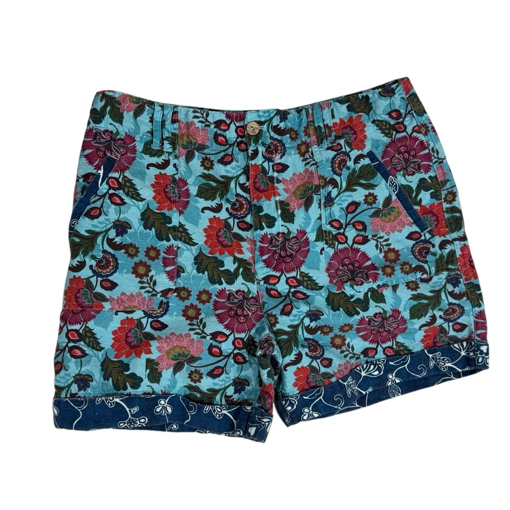 Sundance Sumi Linen Blend Japanese Floral Garden Shorts Aqua Blue Multi Size 16